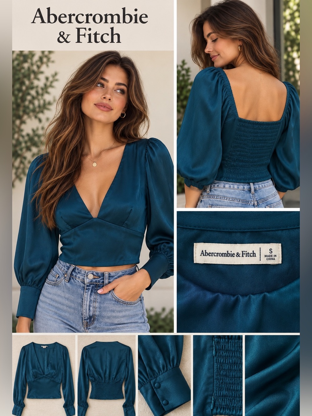 💚 Abercrombie & Fitch 💚 Deep Teal • Satin • V-Neck • Blouse 😍 Like New • Small💎